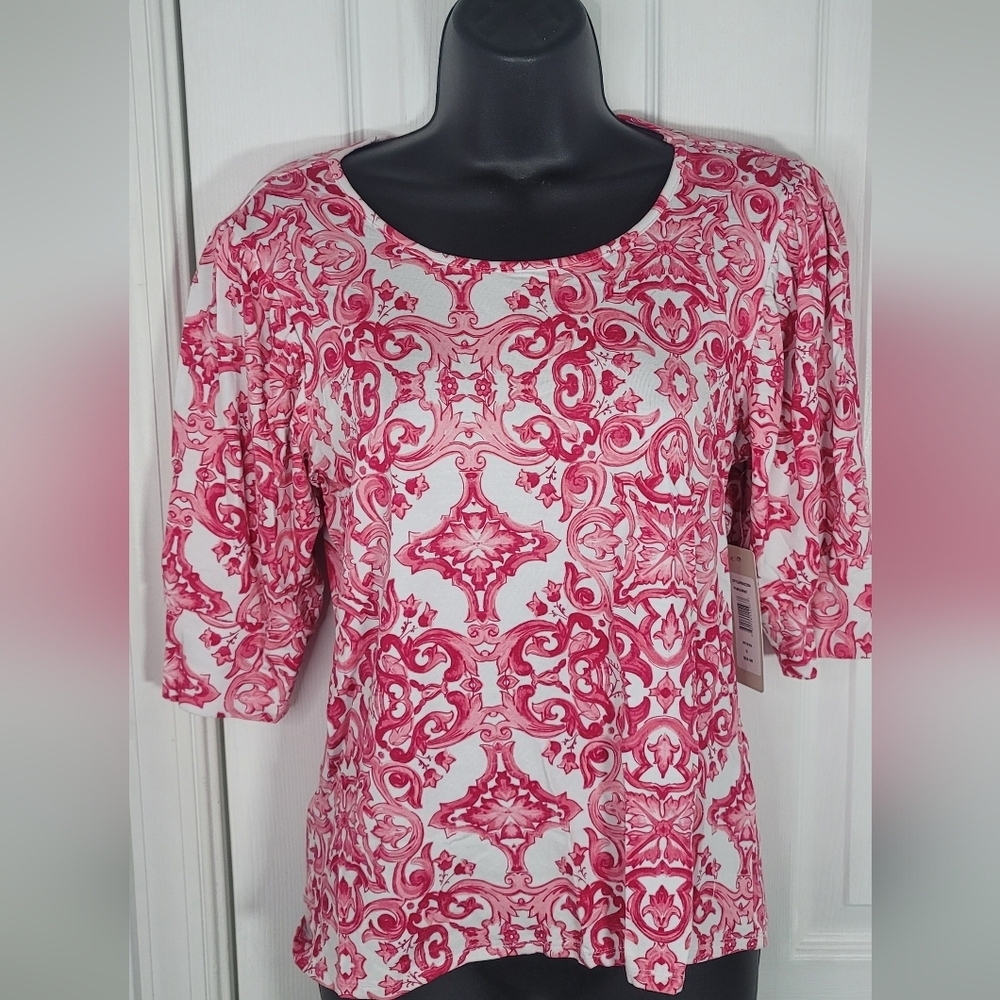 Sunny Leigh Women's Pink Patterned Top Puff Sleeves - Picture 3 of 11